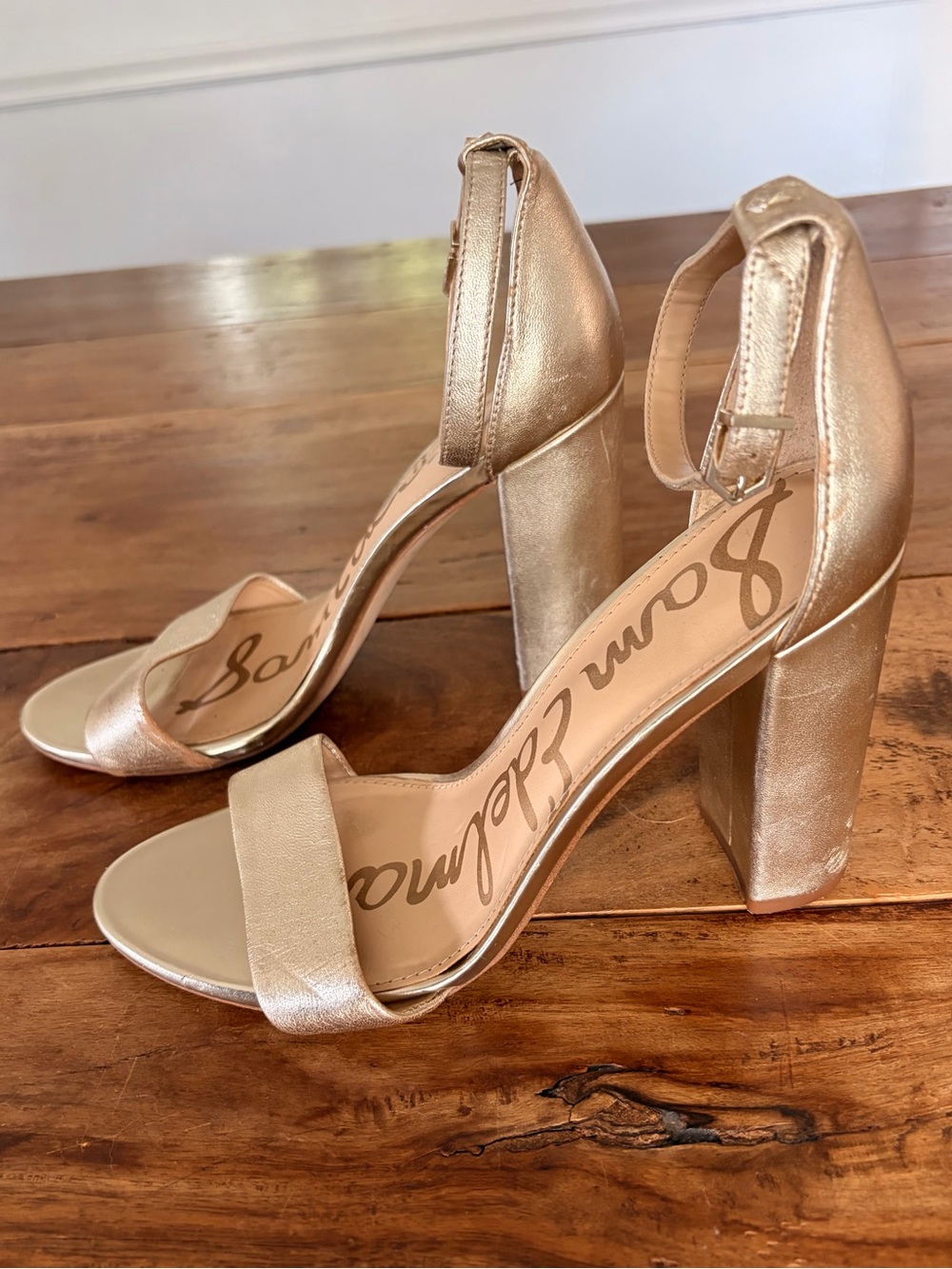 Sam Edelman Yaro Metallic Light Gold Block Heels Ankle-Strap Sandals Size 7.5 M